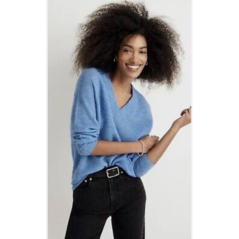 Madewell Ginny V-Neck Sweater Pullover Alpaca Blend Blue Heather Oasis NWT